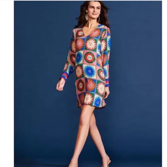 Johnny Was Workshop Leonora Silk Sun Print Tile Swing Mini Dress - Picture 3 of 8